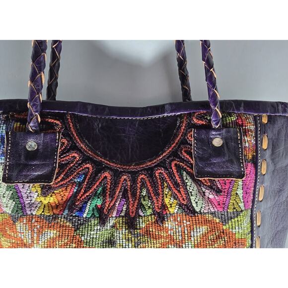 Altiplano Handmade Fair Trade Tote Purse Recycled Blouses and Purple Leather - Picture 3 of 13